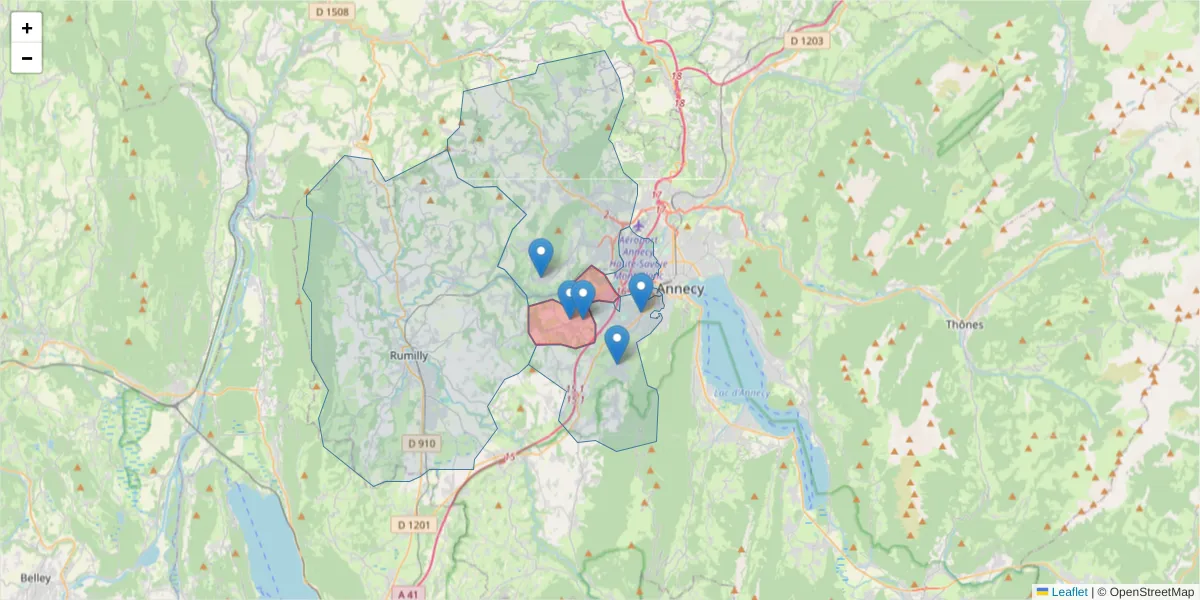 Carte de la zone du code postal  et des codes postaux voisins en France