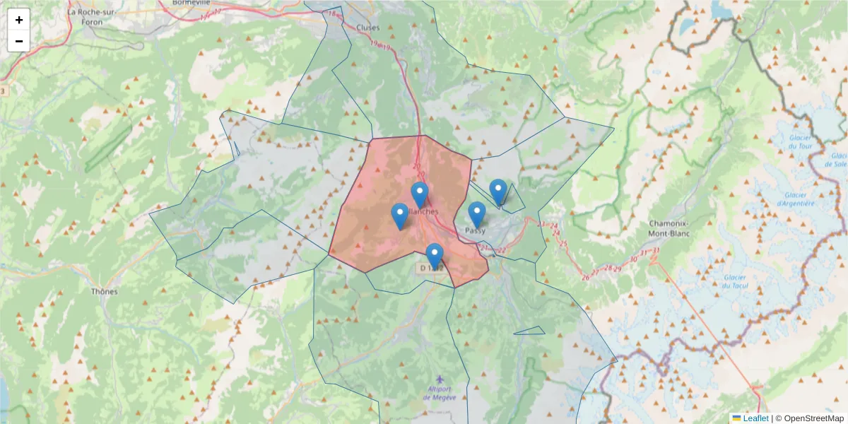 Carte de la zone du code postal  et des codes postaux voisins en France