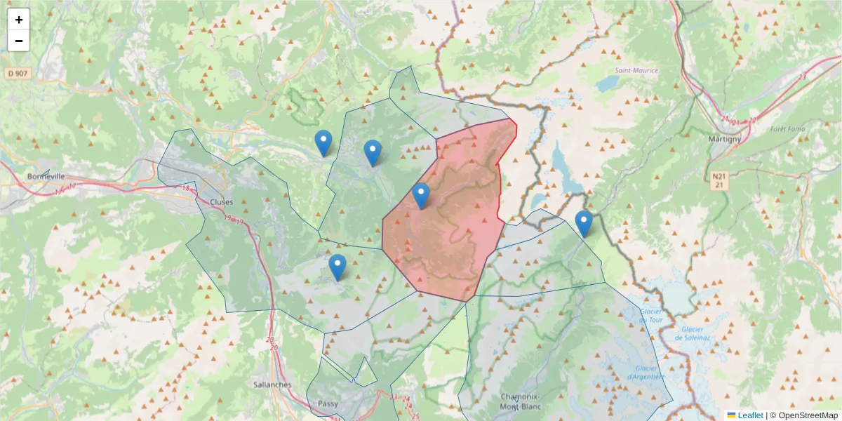 Carte de la zone du code postal  et des codes postaux voisins en France