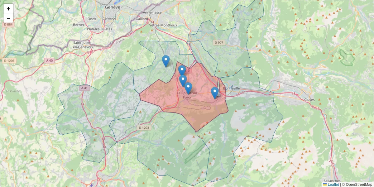 Carte de la zone du code postal  et des codes postaux voisins en France