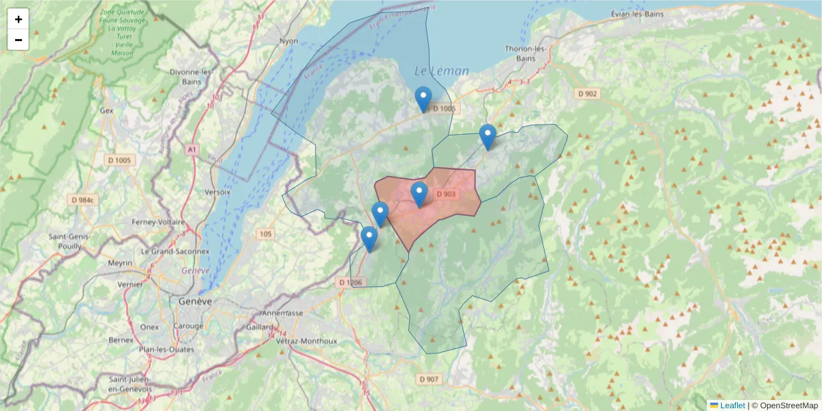 Carte de la zone du code postal  et des codes postaux voisins en France