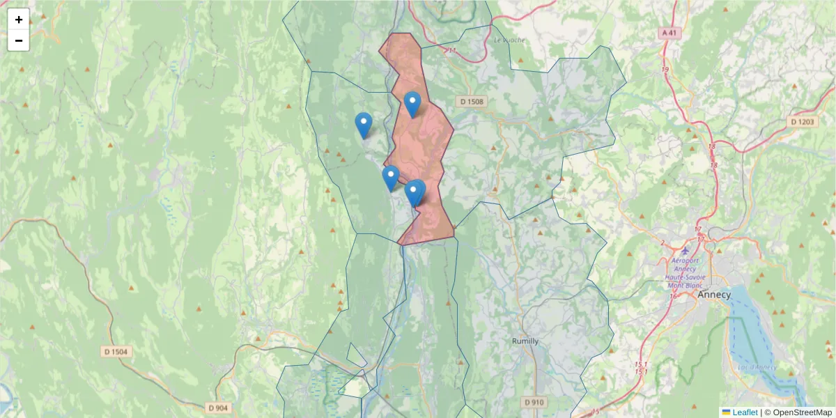 Carte de la zone du code postal  et des codes postaux voisins en France