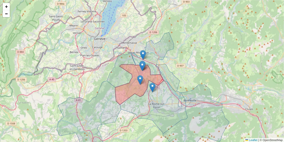 Carte de la zone du code postal  et des codes postaux voisins en France