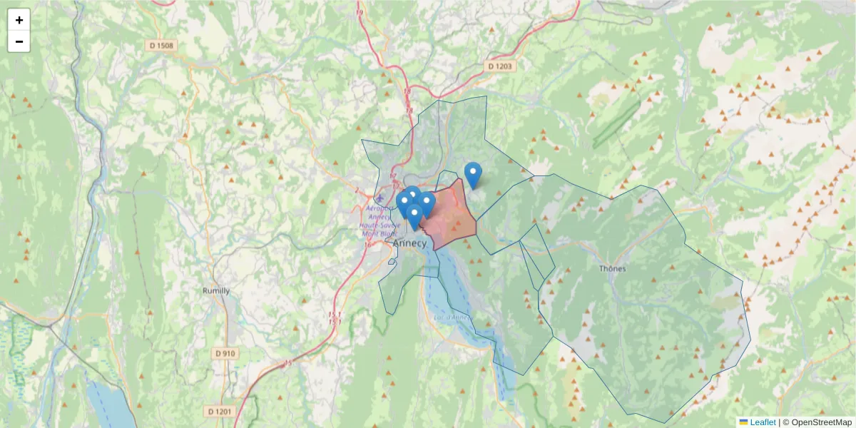 Carte de la zone du code postal  et des codes postaux voisins en France