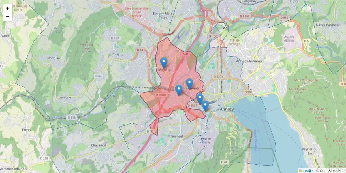 Carte de la zone du code postal  et des codes postaux voisins en France
