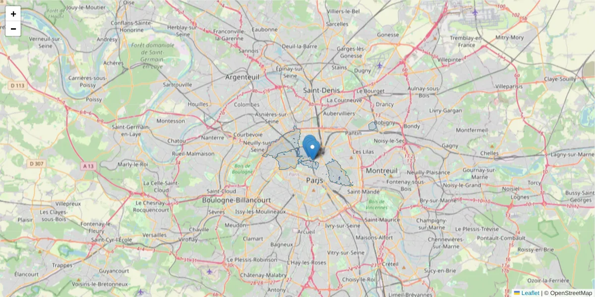 Carte de la zone du code postal  et des codes postaux voisins en France