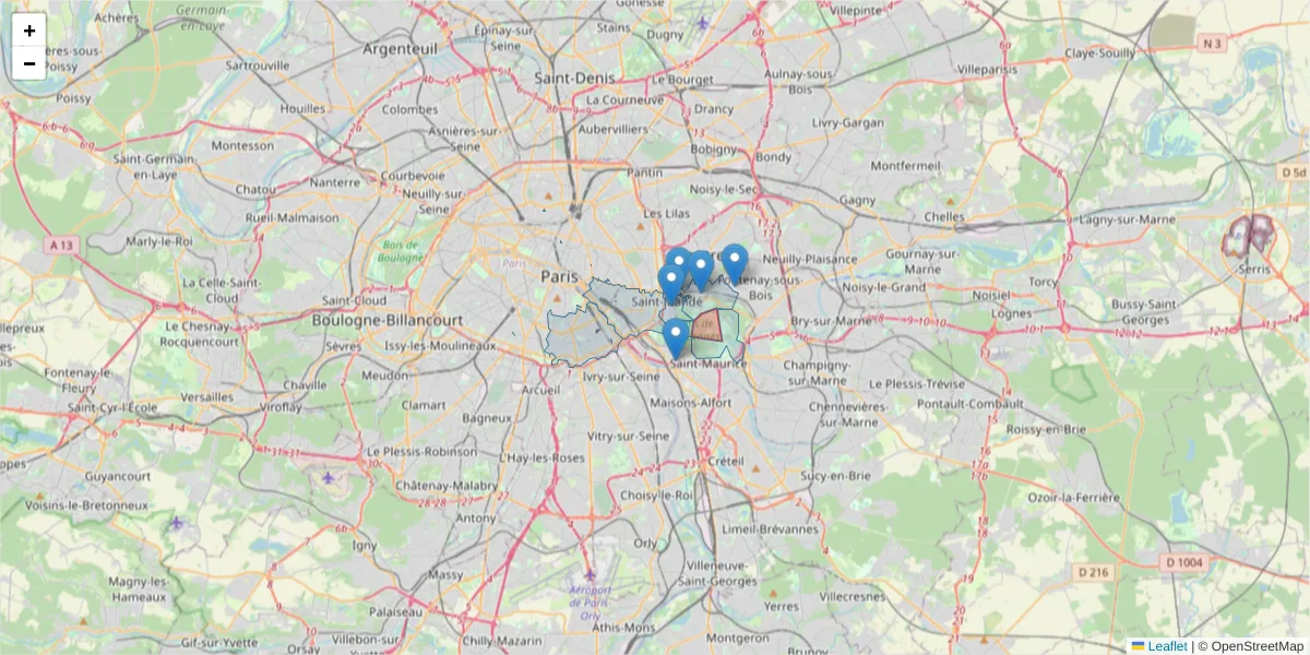 Carte de la zone du code postal  et des codes postaux voisins en France