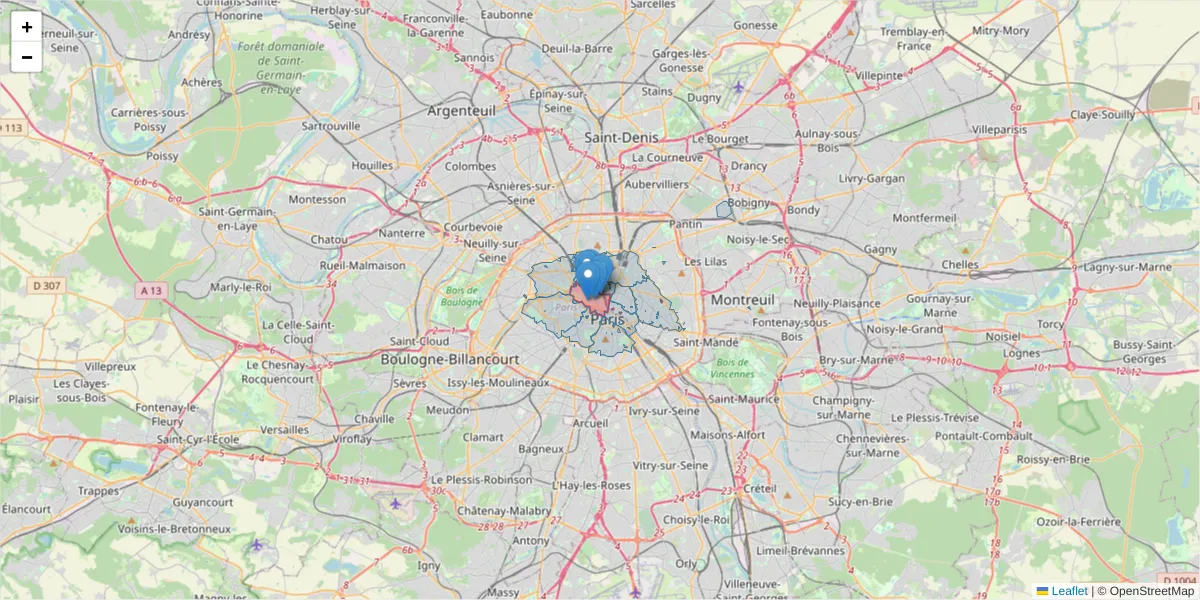 Carte de la zone du code postal  et des codes postaux voisins en France