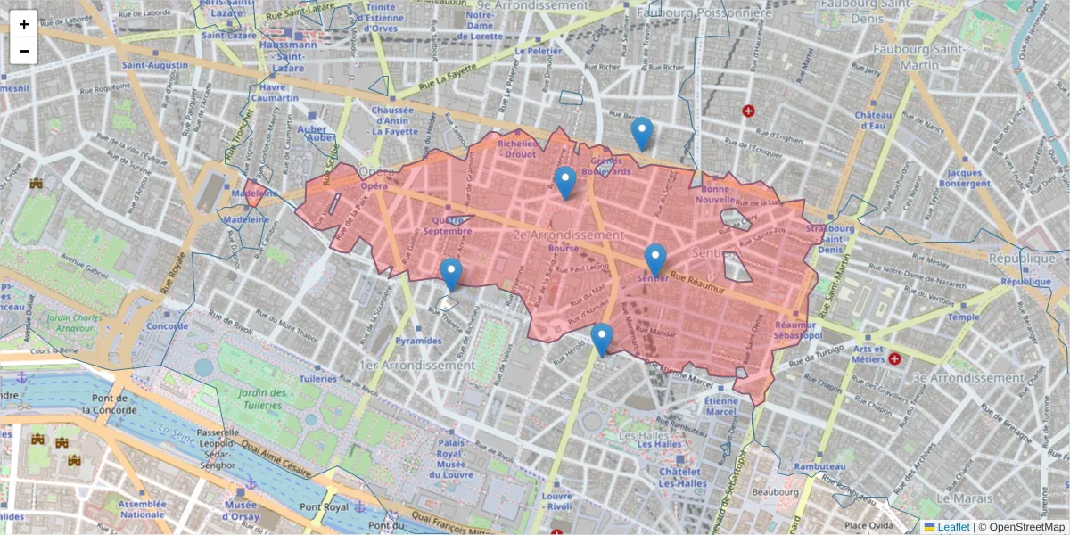 Carte de la zone du code postal  et des codes postaux voisins en France