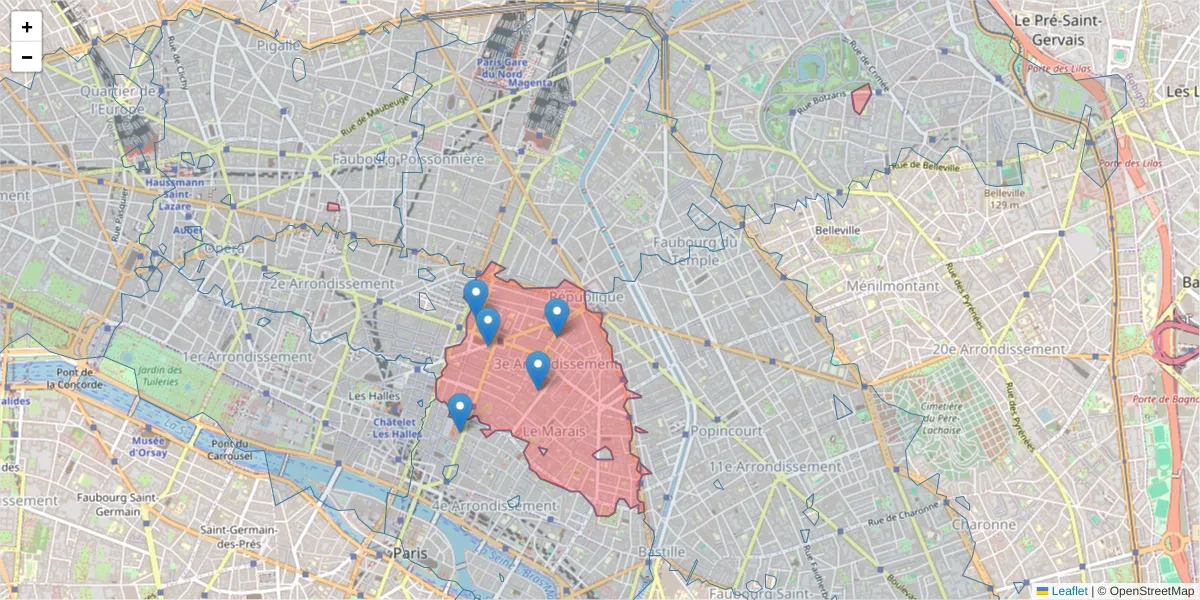 Carte de la zone du code postal  et des codes postaux voisins en France