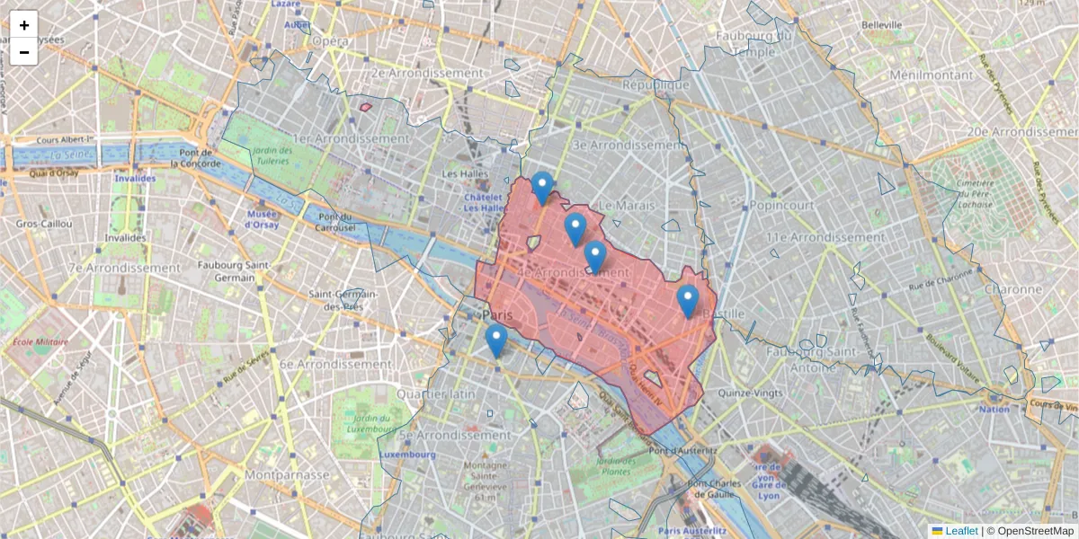 Carte de la zone du code postal  et des codes postaux voisins en France