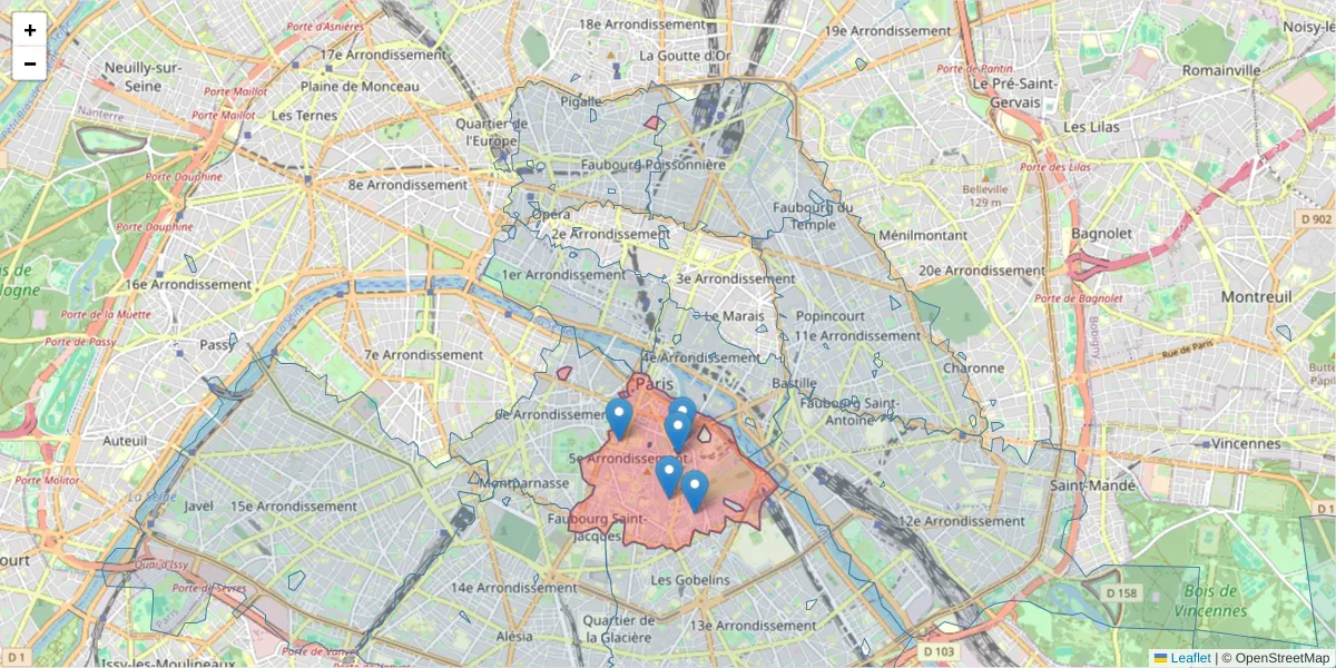 Carte de la zone du code postal  et des codes postaux voisins en France