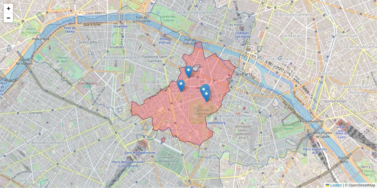 Carte de la zone du code postal  et des codes postaux voisins en France