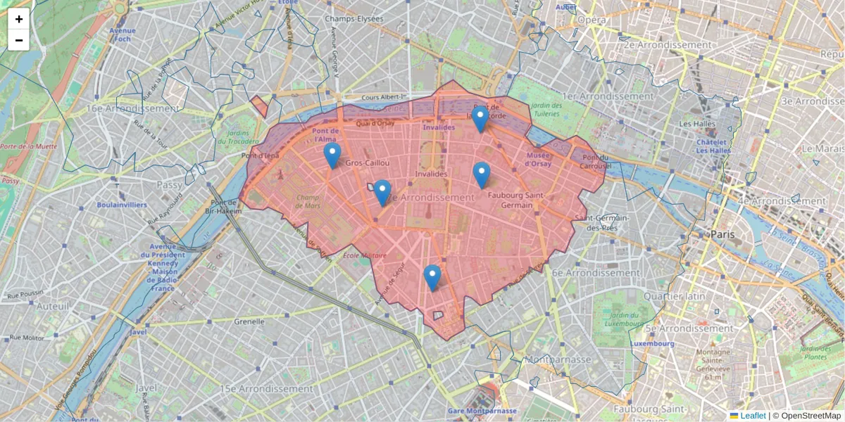 Carte de la zone du code postal  et des codes postaux voisins en France