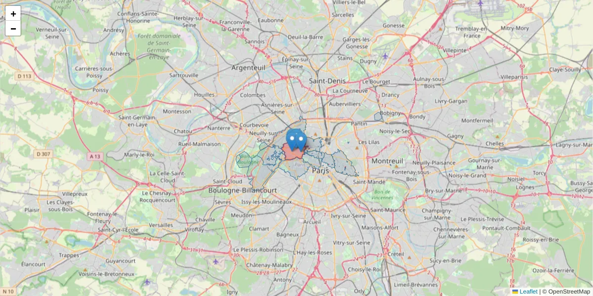 Carte de la zone du code postal  et des codes postaux voisins en France