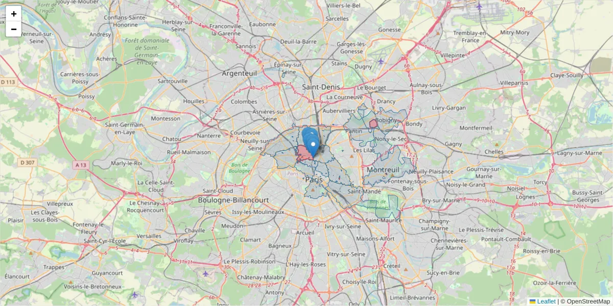 Carte de la zone du code postal  et des codes postaux voisins en France