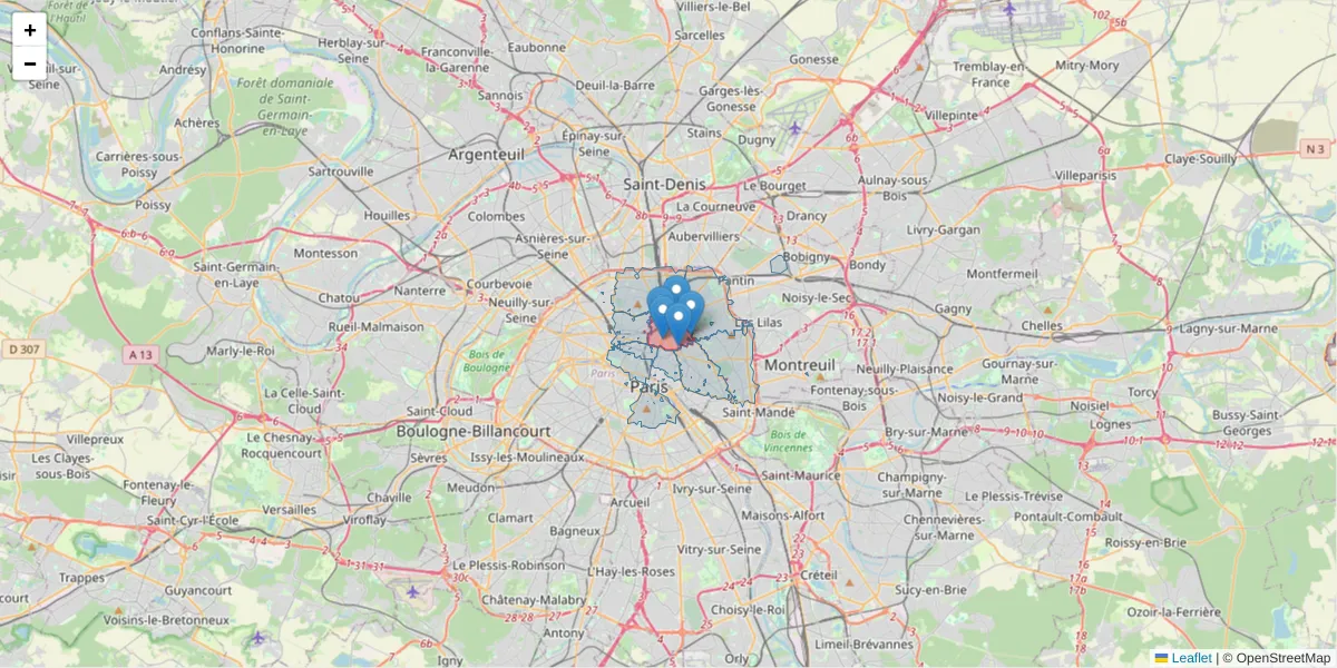 Carte de la zone du code postal  et des codes postaux voisins en France