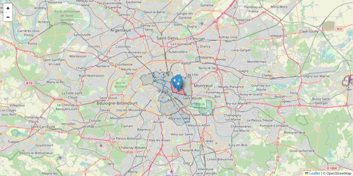 Carte de la zone du code postal  et des codes postaux voisins en France