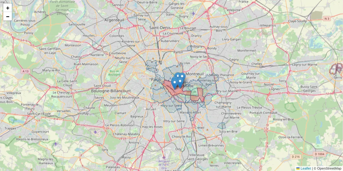 Carte de la zone du code postal  et des codes postaux voisins en France