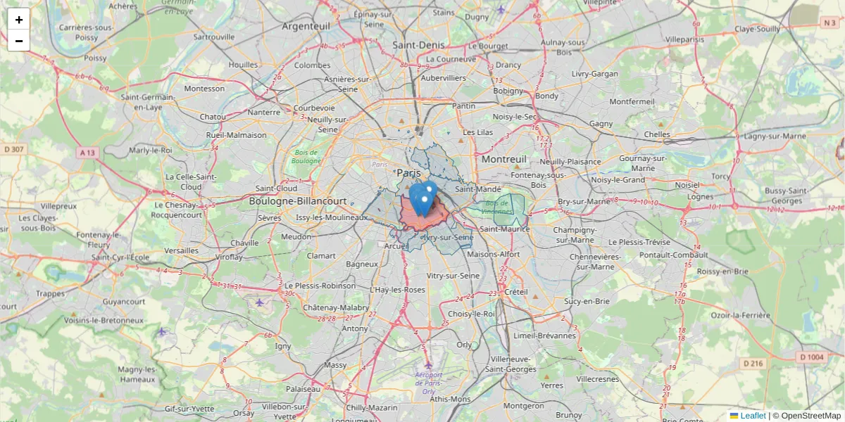 Carte de la zone du code postal  et des codes postaux voisins en France