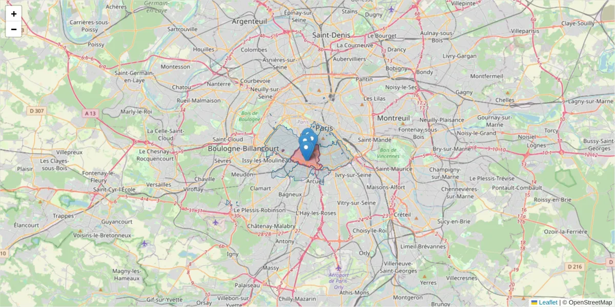 Carte de la zone du code postal  et des codes postaux voisins en France