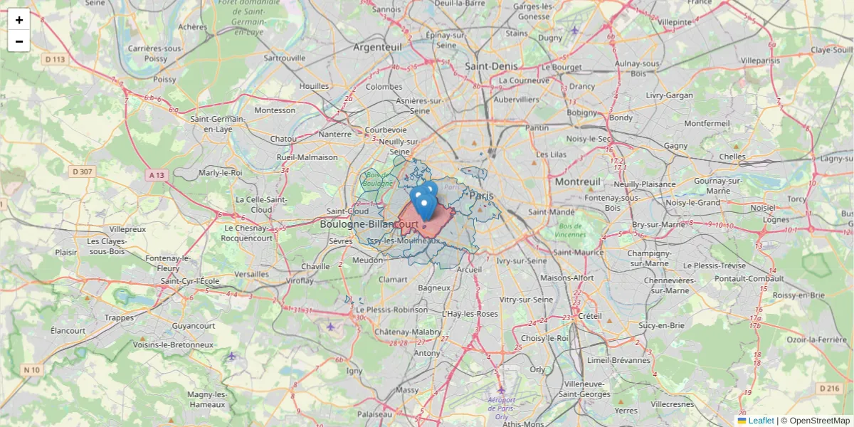 Carte de la zone du code postal  et des codes postaux voisins en France