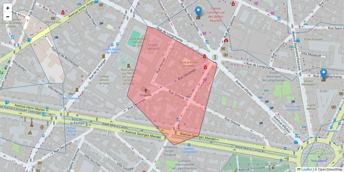 Carte de la zone du code postal  et des codes postaux voisins en France