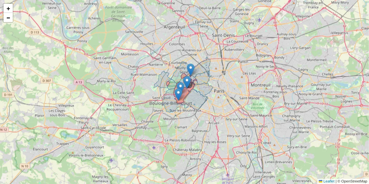 Carte de la zone du code postal  et des codes postaux voisins en France