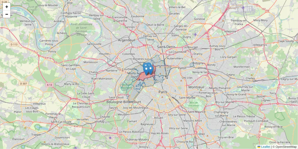 Carte de la zone du code postal  et des codes postaux voisins en France