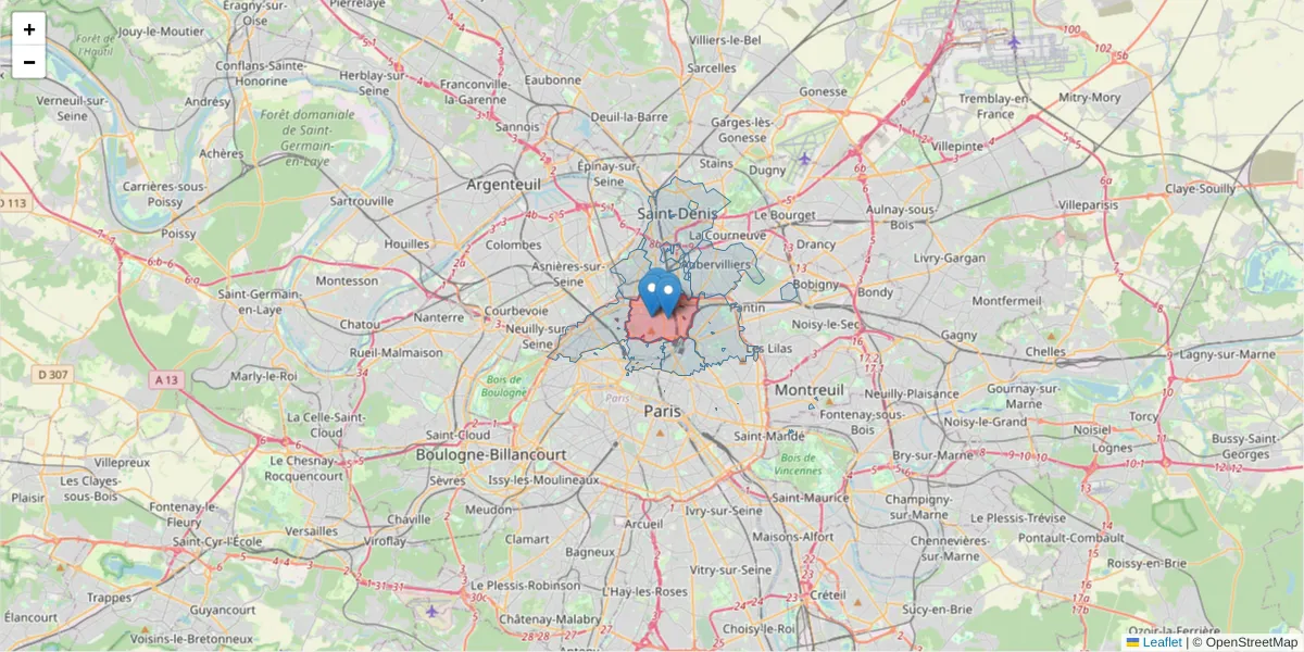 Carte de la zone du code postal  et des codes postaux voisins en France