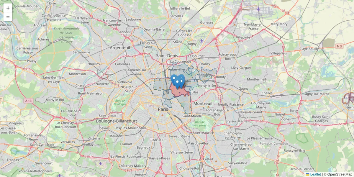 Carte de la zone du code postal  et des codes postaux voisins en France