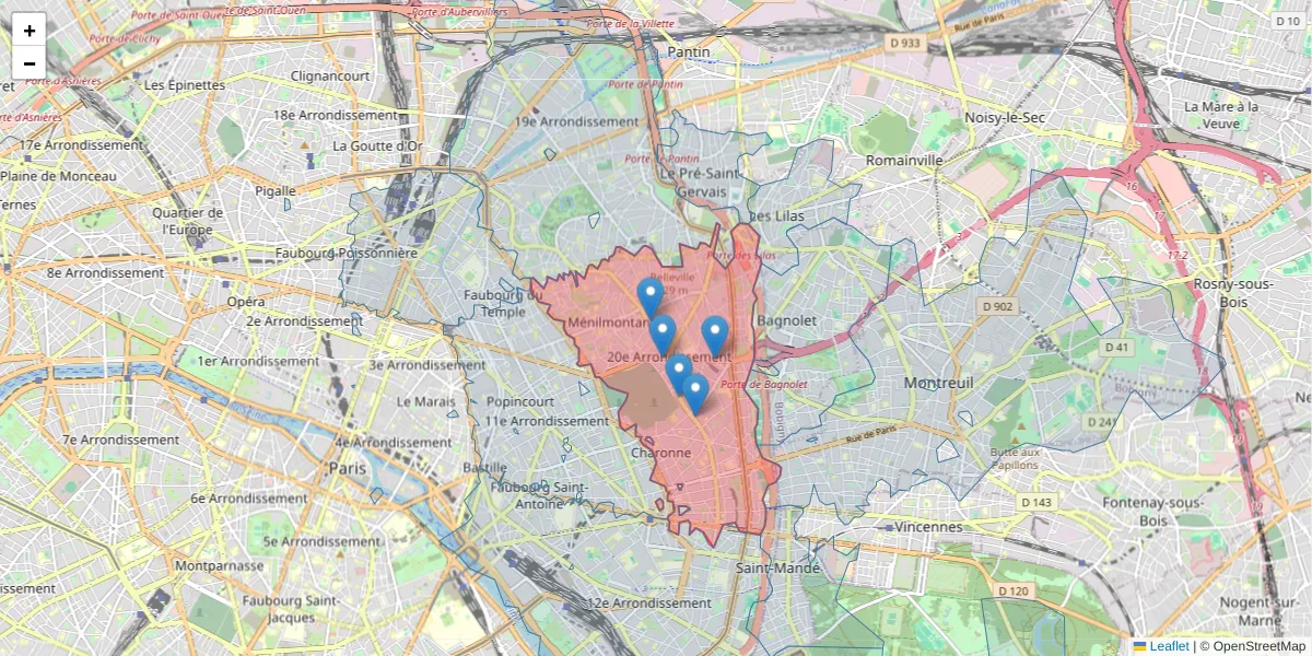 Carte de la zone du code postal  et des codes postaux voisins en France