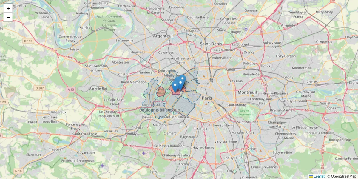 Carte de la zone du code postal  et des codes postaux voisins en France