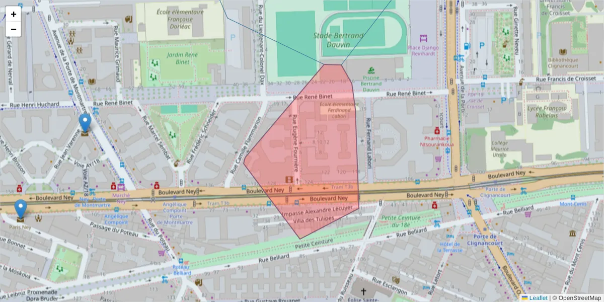 Carte de la zone du code postal  et des codes postaux voisins en France