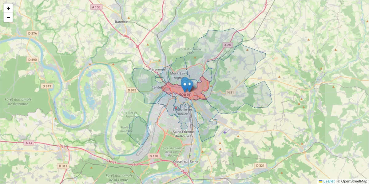 Carte de la zone du code postal  et des codes postaux voisins en France