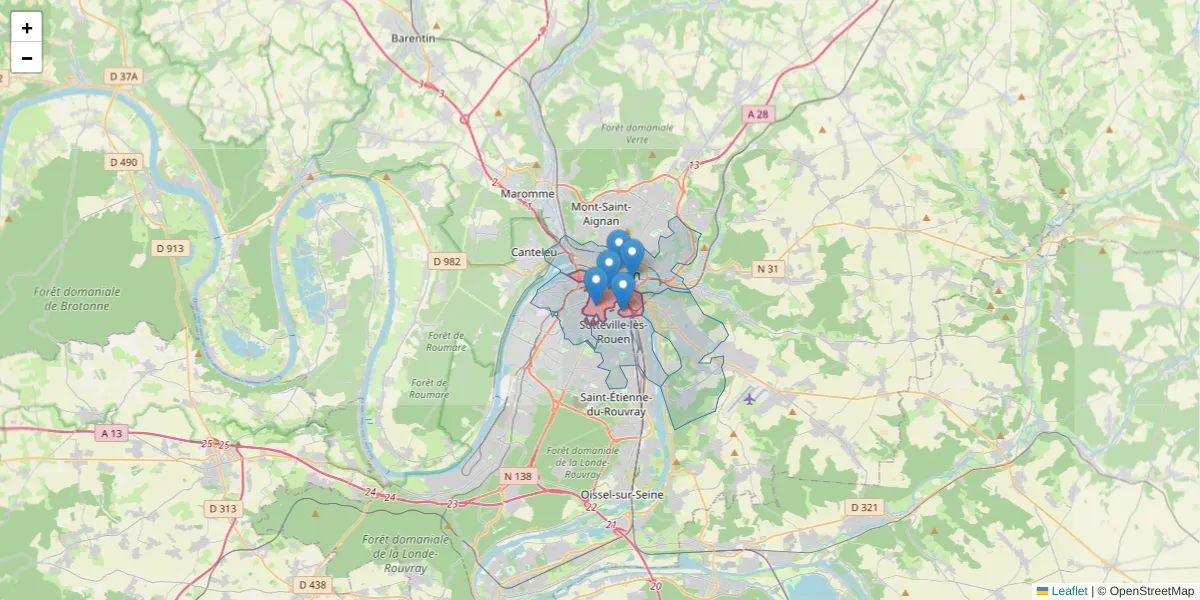 Carte de la zone du code postal  et des codes postaux voisins en France
