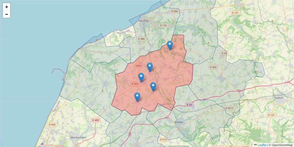 Carte de la zone du code postal  et des codes postaux voisins en France
