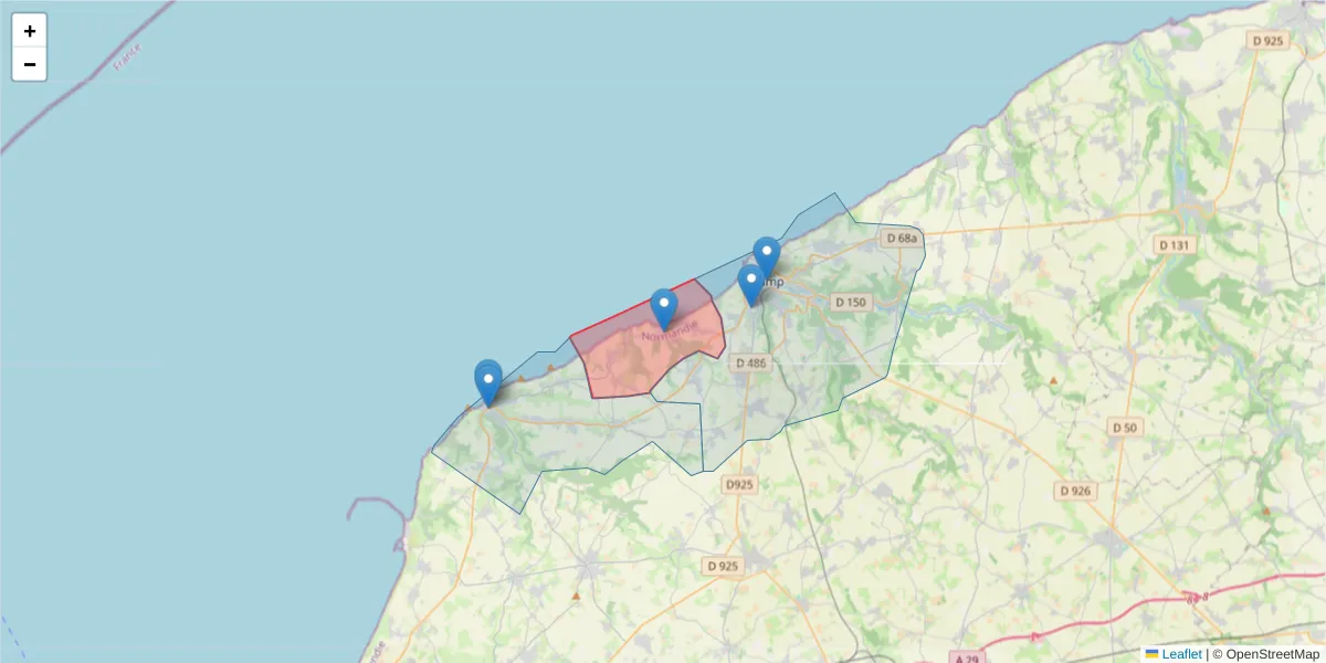 Carte de la zone du code postal  et des codes postaux voisins en France