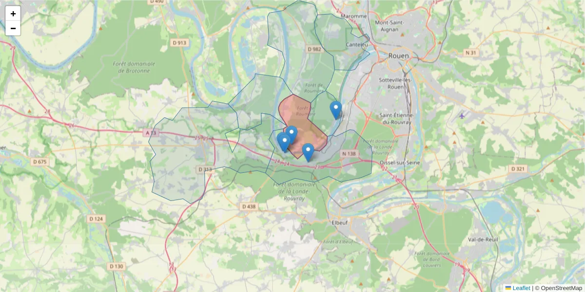 Carte de la zone du code postal  et des codes postaux voisins en France