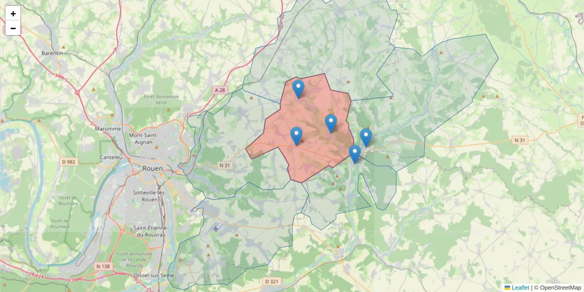 Carte de la zone du code postal  et des codes postaux voisins en France