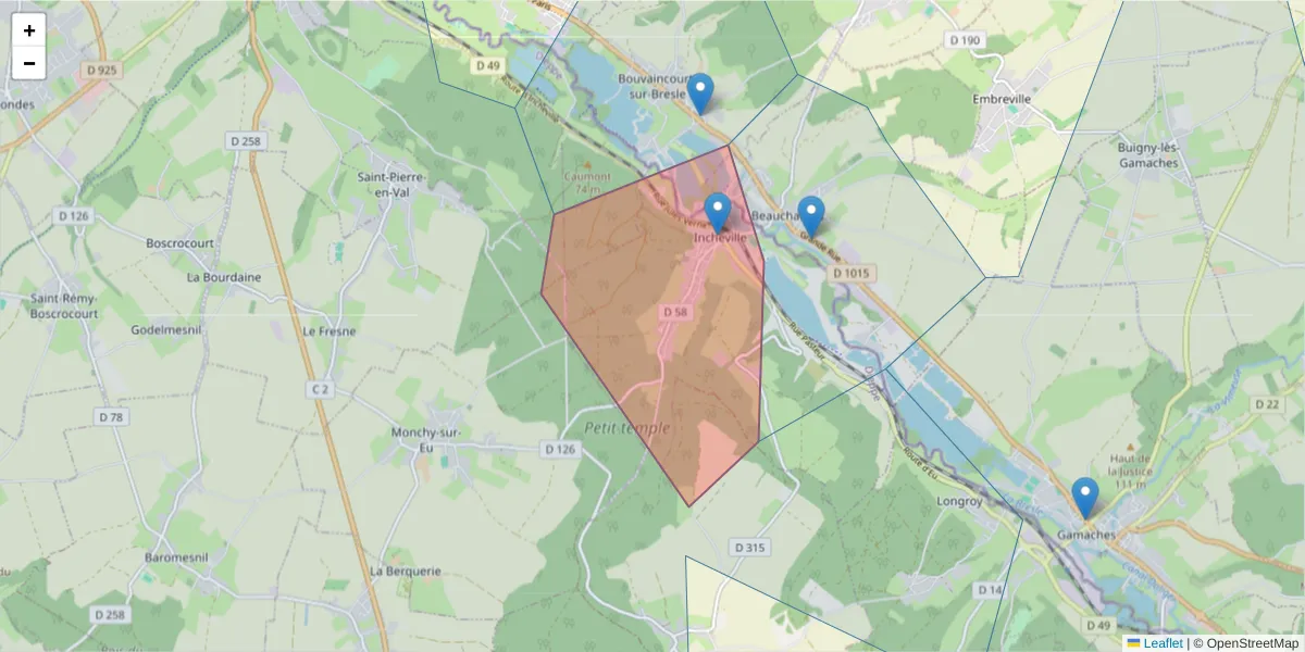 Carte de la zone du code postal  et des codes postaux voisins en France