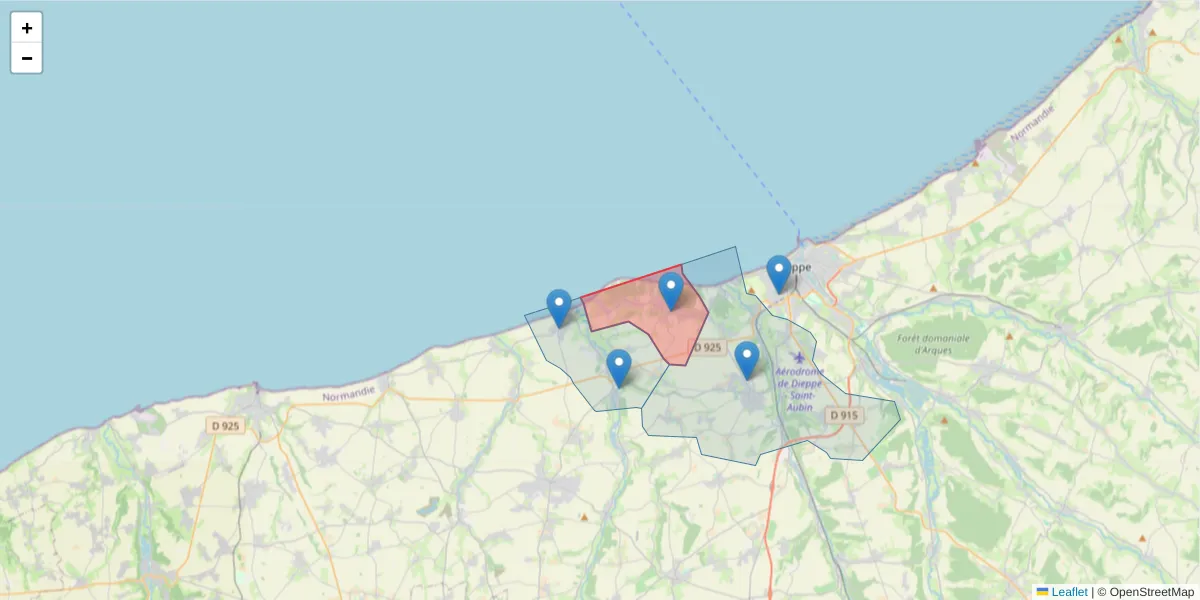 Carte de la zone du code postal  et des codes postaux voisins en France