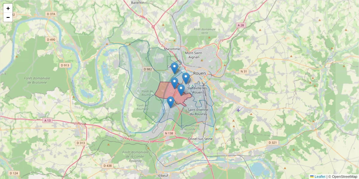 Carte de la zone du code postal  et des codes postaux voisins en France