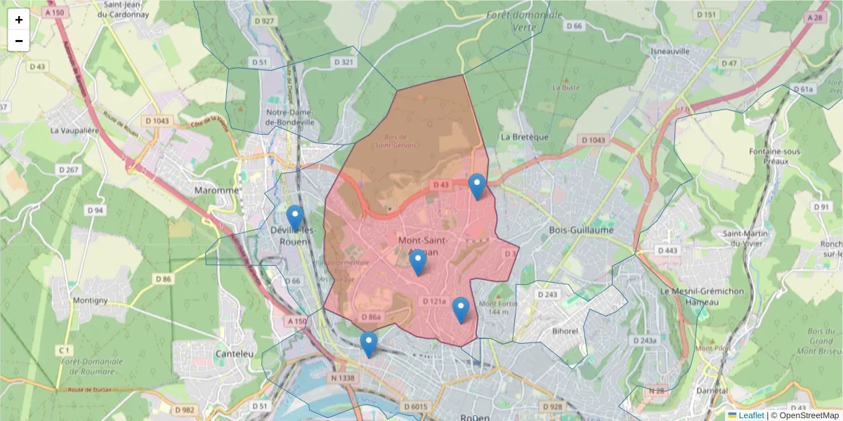Carte de la zone du code postal  et des codes postaux voisins en France