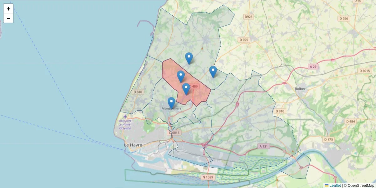Carte de la zone du code postal  et des codes postaux voisins en France