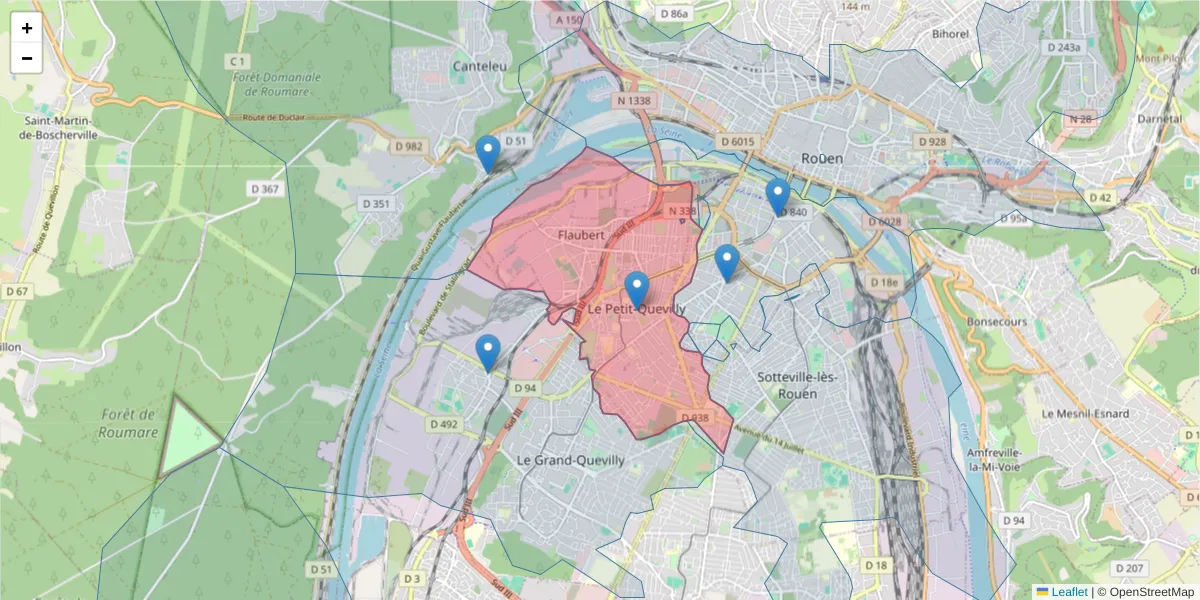 Carte de la zone du code postal  et des codes postaux voisins en France