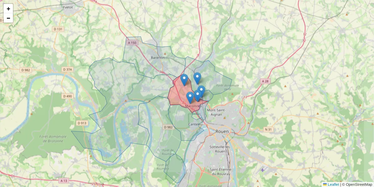 Carte de la zone du code postal  et des codes postaux voisins en France