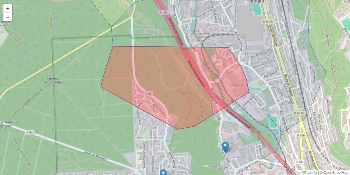 Carte de la zone du code postal  et des codes postaux voisins en France