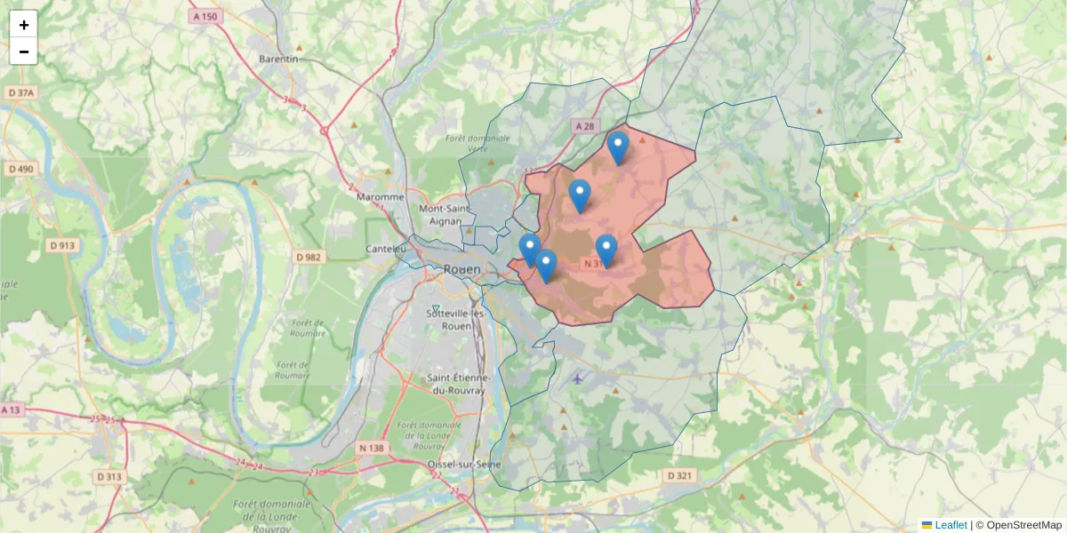 Carte de la zone du code postal  et des codes postaux voisins en France