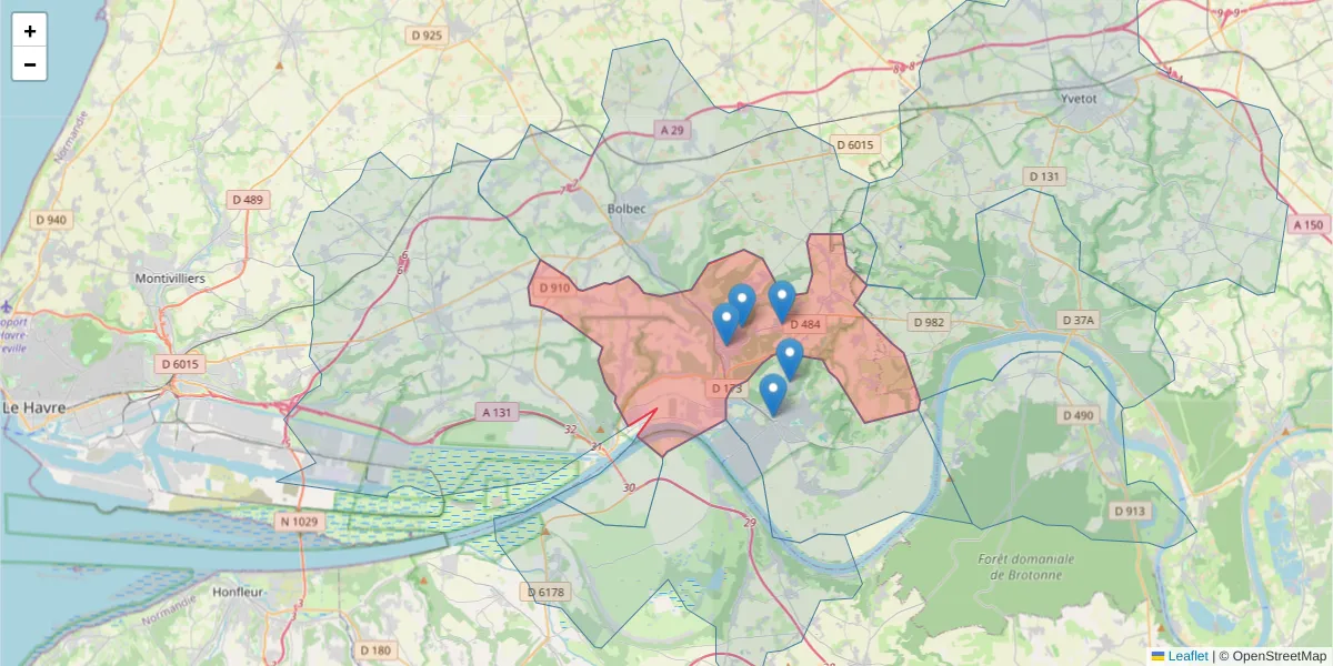 Carte de la zone du code postal  et des codes postaux voisins en France
